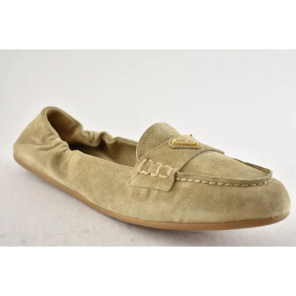 Prada Ecru Beige Suede Logo Scrunch Loafer Ballerina Ballet Moccasin Flat 38 - Picture 5 of 16